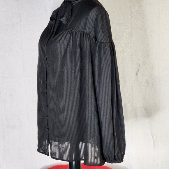 Time and Tru Black Soot Long Sleeve Tie Neck Polyester Relaxed Fit Button Up Top - Picture 7 of 16